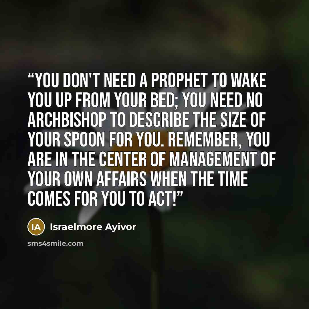 “You don't need a prophet to wake you up from your bed; you need no archbishop to describe the size of your spoon for you. Remember, you are in the center of management of your own affairs when the time comes for you to act!” quote by Israelmore Ayivor