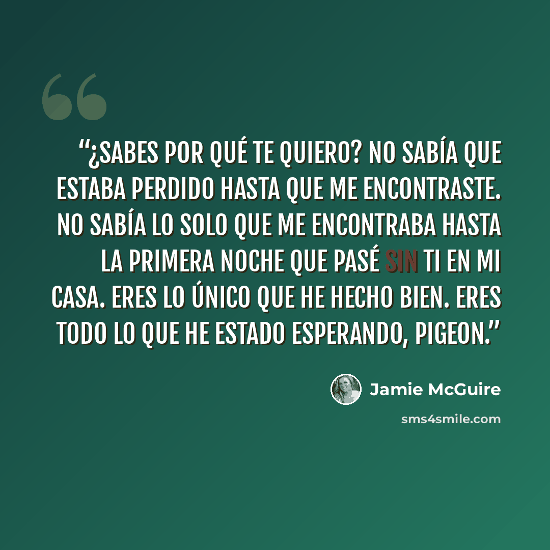 “¿Sabes por qué te quiero? No sabía que estaba perdido hasta que me encontraste. No sabía lo solo que me encontraba hasta la primera noche que pasé sin ti en mi casa. Eres lo único que he hecho bien. Eres todo lo que he estado esperando, Pigeon.” quote by Jamie McGuire