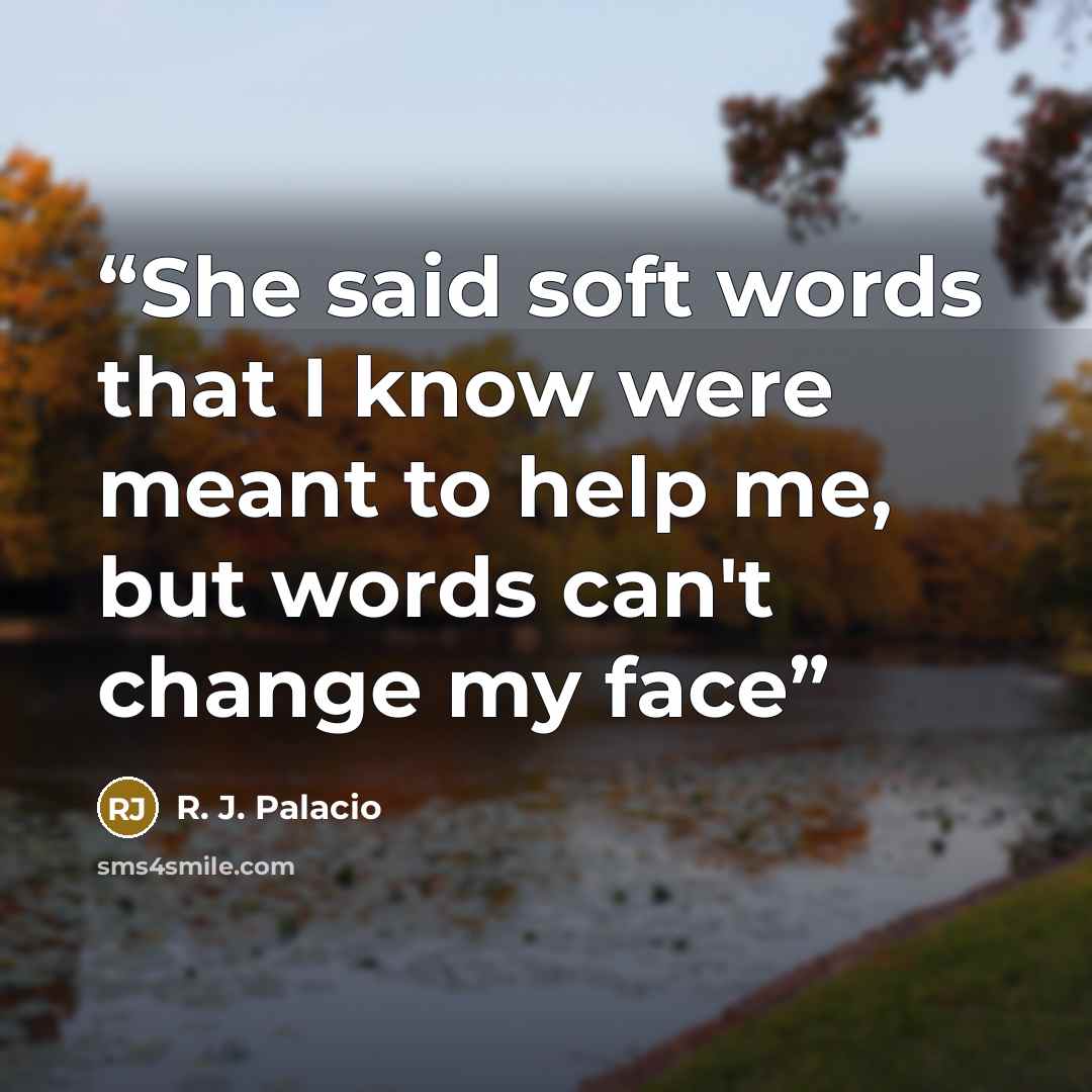 “She said soft words that I know were meant to help me, but words can't change my face” quote by R. J. Palacio