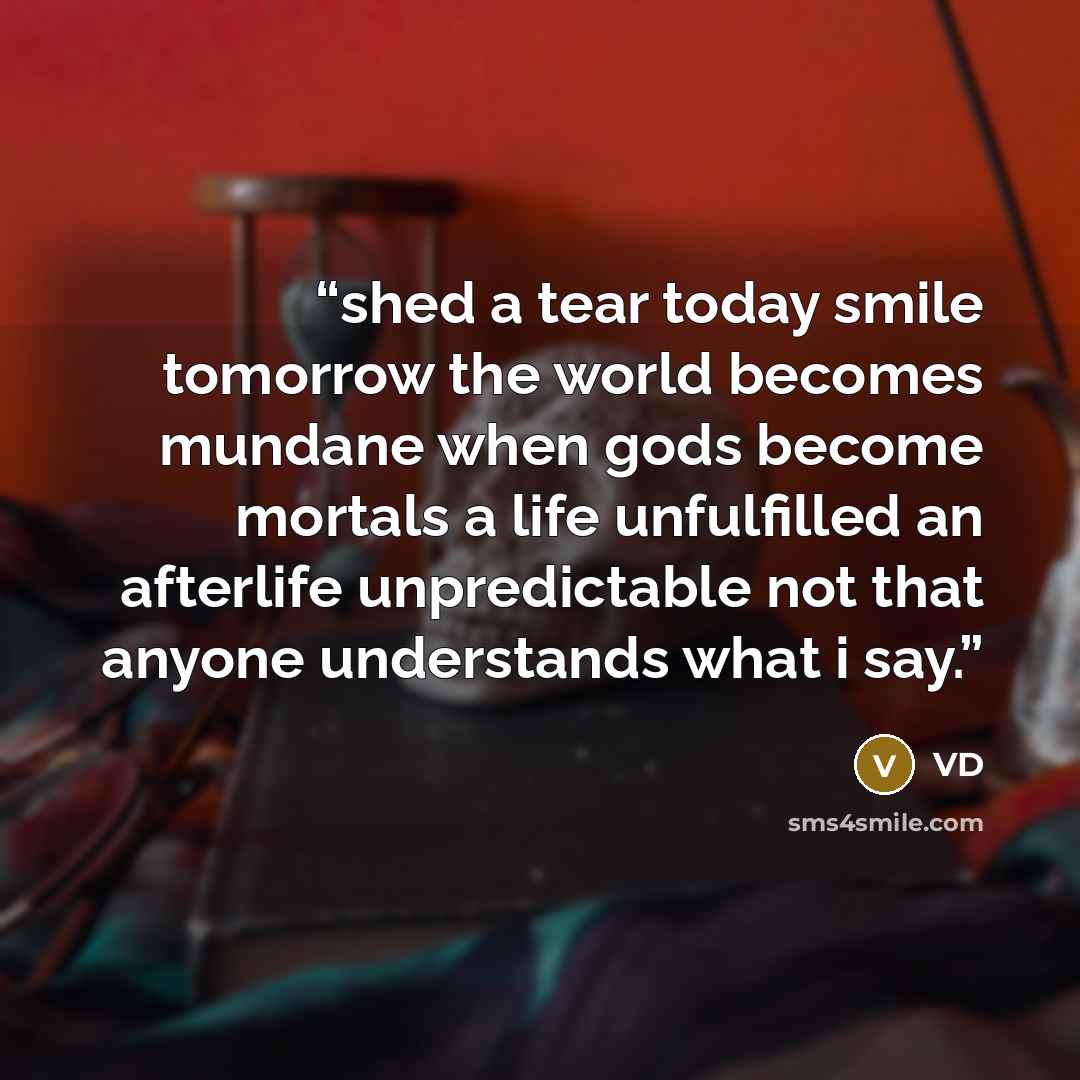 “shed a tear today smile tomorrow the world becomes mundane when gods become mortals a life unfulfilled an afterlife unpredictable not that anyone understands what i say.” quote by VD