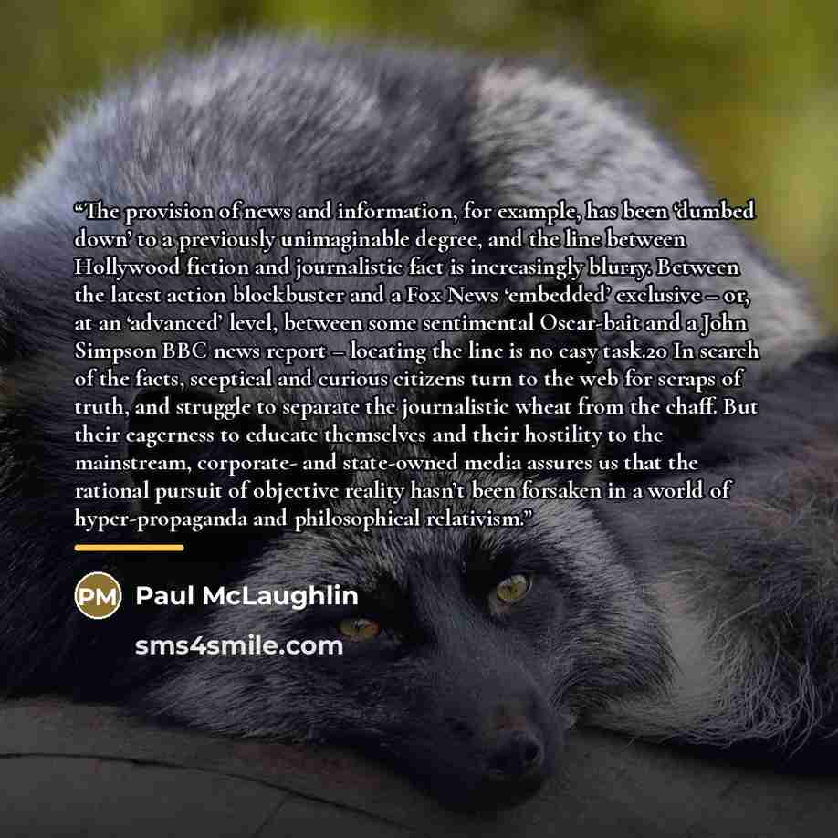 “The provision of news and information, for example, has been ‘dumbed down’ to a previously unimaginable degree, and the line between Hollywood fiction and journalistic fact is increasingly blurry. Between the latest action blockbuster and a Fox News ‘embedded’ exclusive – or, at an ‘advanced’…” quote by Paul McLaughlin