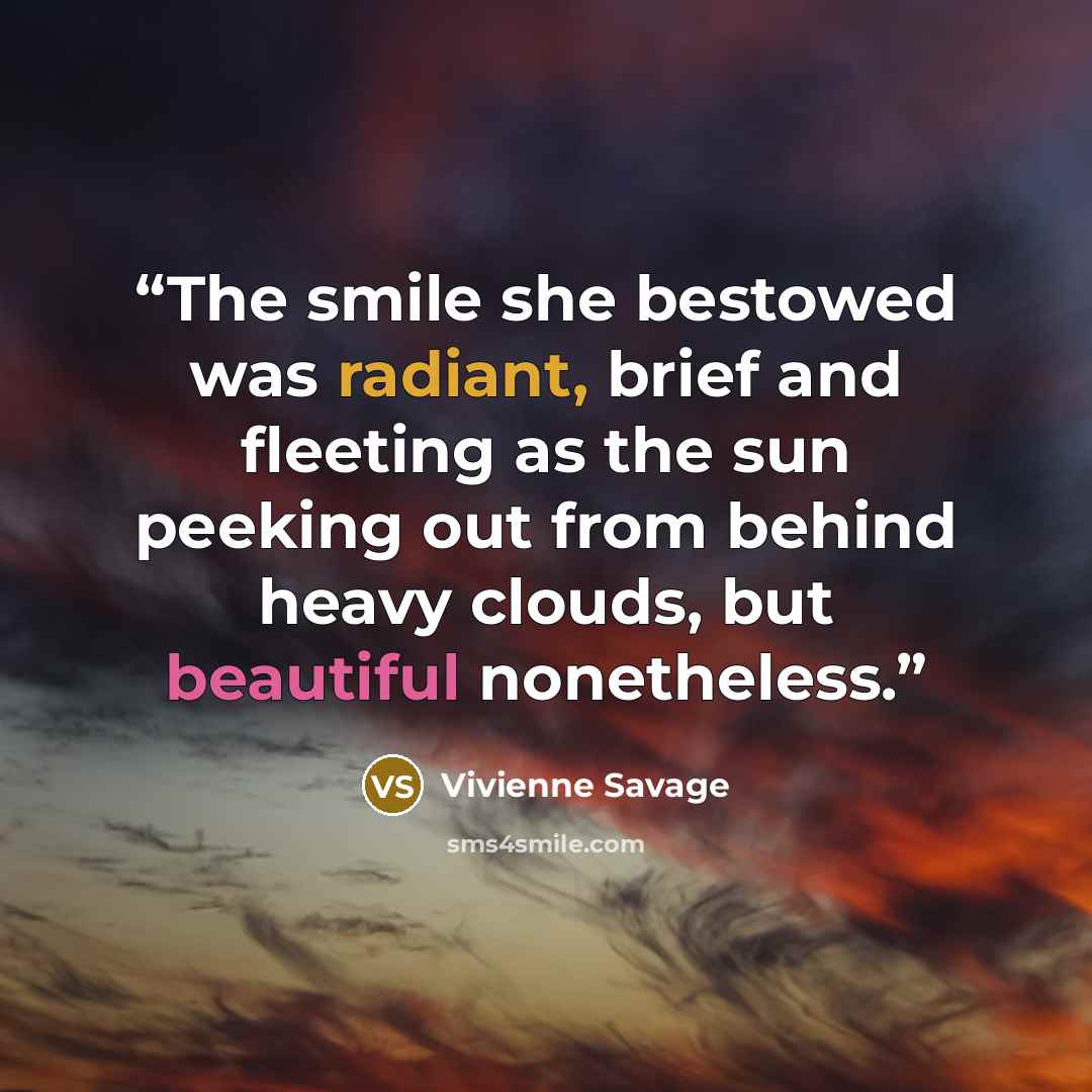 “The smile she bestowed was radiant, brief and fleeting as the sun peeking out from behind heavy clouds, but beautiful nonetheless.” quote by Vivienne Savage