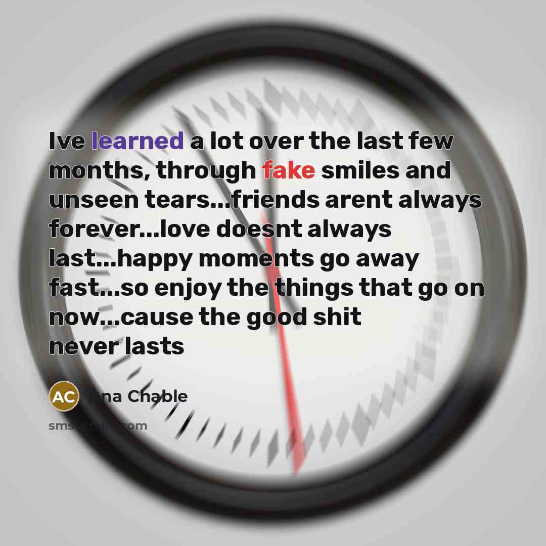 “Ive learned a lot over the last few months, through fake smiles and unseen tears...friends arent always forever...love doesnt always last...happy moments go away fast...so enjoy the things that go on now...cause the good shit never lasts” quote by Ana Chable