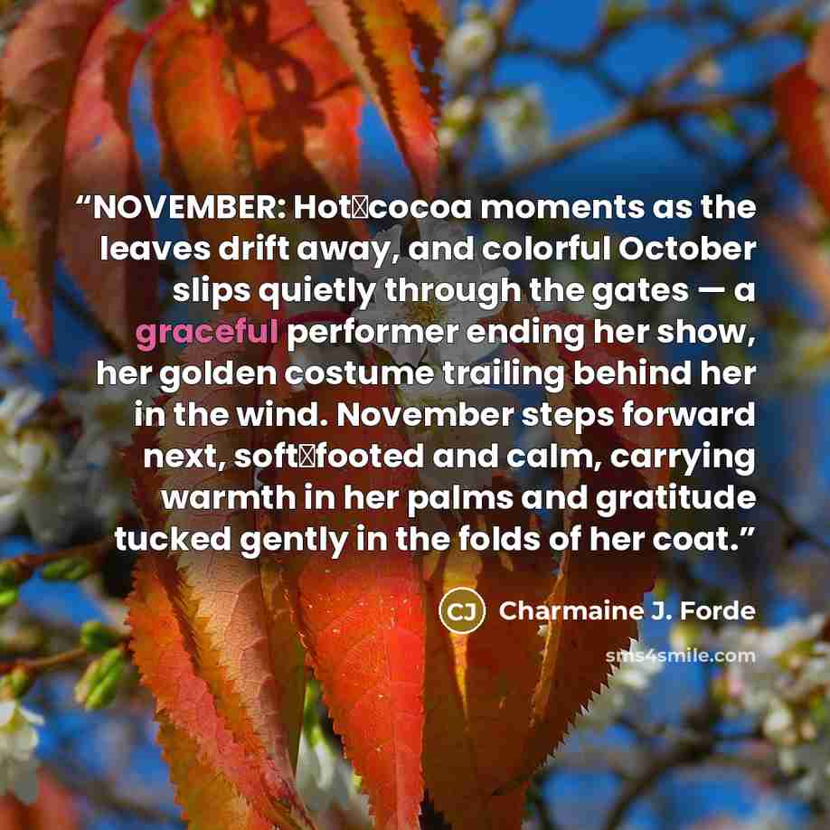 “NOVEMBER: Hot‑cocoa moments as the leaves drift away, and colorful October slips quietly through the gates — a graceful performer ending her show, her golden costume trailing behind her in the wind. November steps forward next, soft‑footed and calm, carrying warmth in her palms and gratitude…” quote by Charmaine J. Forde