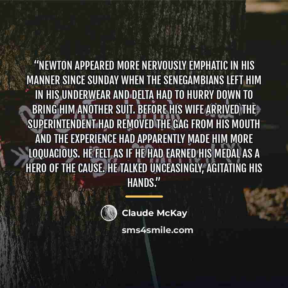 “Newton appeared more nervously emphatic in his manner since Sunday when the Senegambians left him in his underwear and Delta had to hurry down to bring him another suit. Before his wife arrived the superintendent had removed the gag from his mouth and the experience had apparently made him more…” quote by Claude McKay
