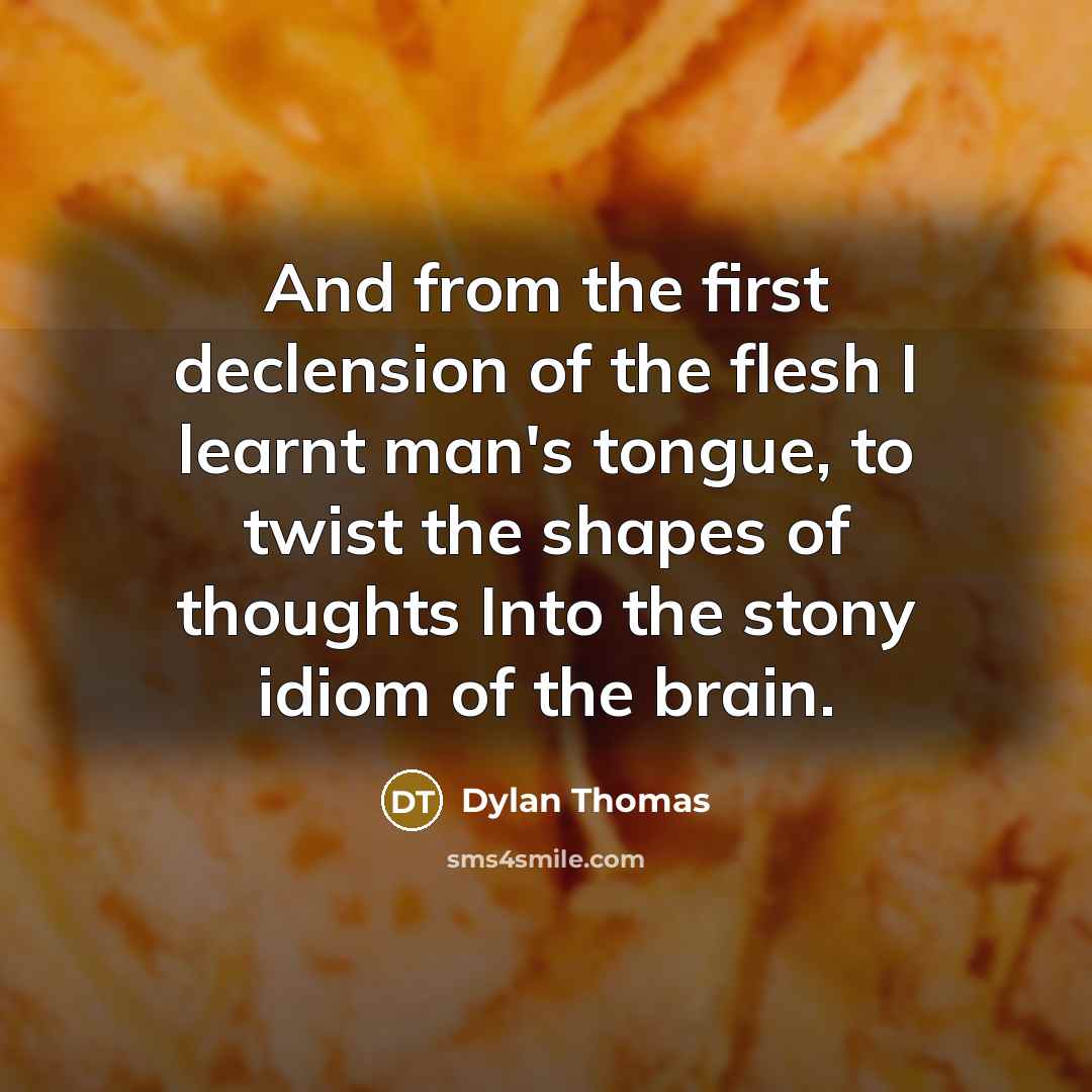 “And from the first declension of the flesh I learnt man's tongue, to twist the shapes of thoughts Into the stony idiom of the brain.” quote by Dylan Thomas