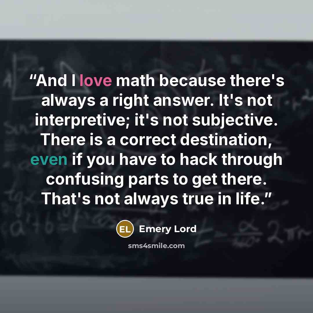 “And I love math because there's always a right answer. It's not interpretive; it's not subjective. There is a correct destination, even if you have to hack through confusing parts to get there. That's not always true in life.” quote by Emery Lord