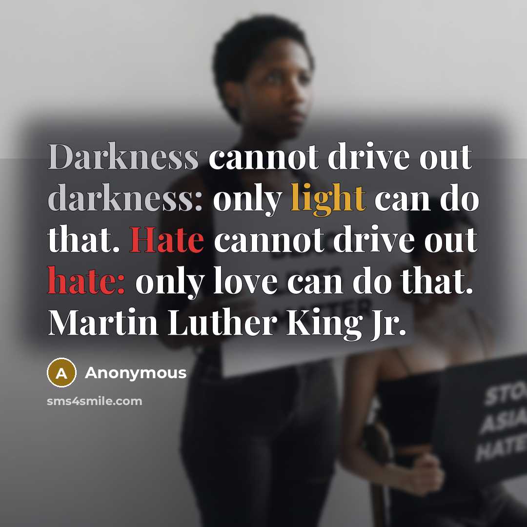 “Darkness cannot drive out darkness: only light can do that. Hate cannot drive out hate: only love can do that. Martin Luther King Jr.” quote by Anonymous