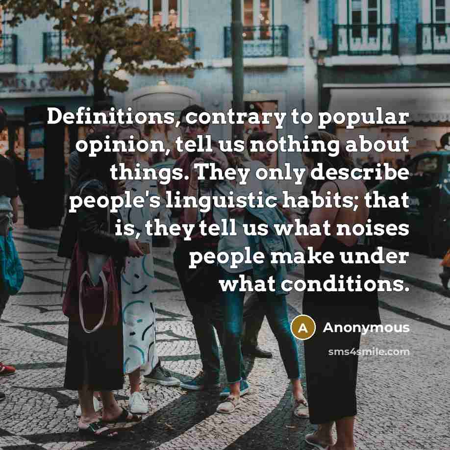 “Definitions, contrary to popular opinion, tell us nothing about things. They only describe people's linguistic habits; that is, they tell us what noises people make under what conditions.” quote by Anonymous