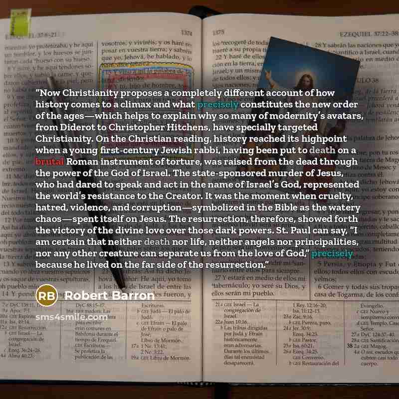 “Now Christianity proposes a completely different account of how history comes to a climax and what precisely constitutes the new order of the ages—which helps to explain why so many of modernity’s avatars, from Diderot to Christopher Hitchens, have specially targeted Christianity. On the Christian…” quote by Robert Barron