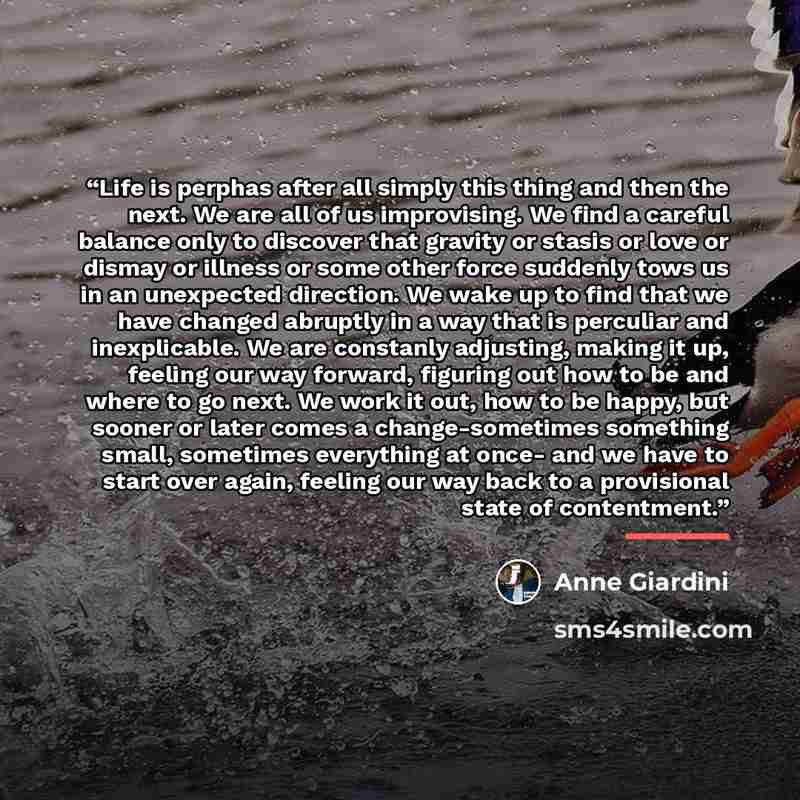 “Life is perphas after all simply this thing and then the next. We are all of us improvising. We find a careful balance only to discover that gravity or stasis or love or dismay or illness or some other force suddenly tows us in an unexpected direction. We wake up to find that we have changed…” quote by Anne Giardini