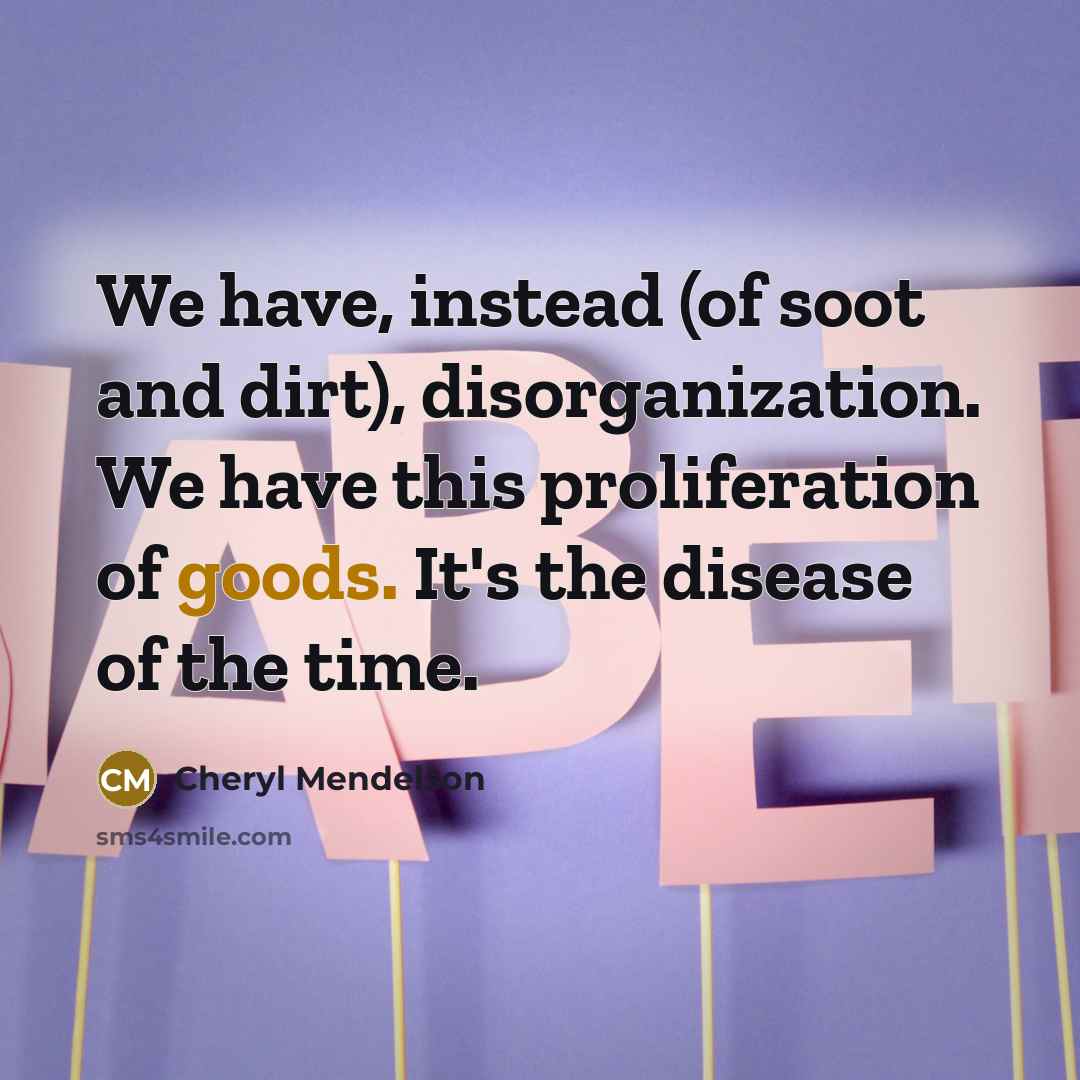 “We have, instead (of soot and dirt), disorganization. We have this proliferation of goods. It's the disease of the time.” quote by Cheryl Mendelson