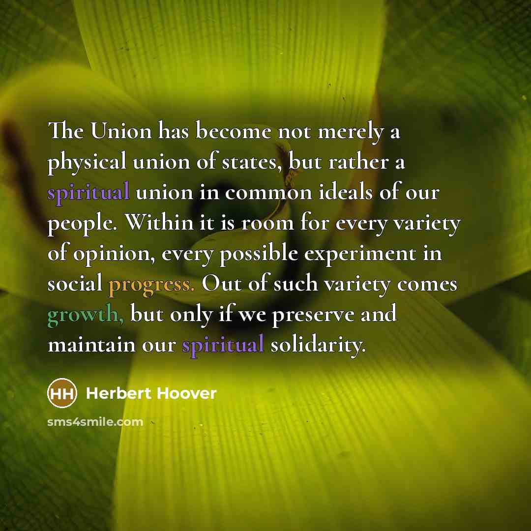 “The Union has become not merely a physical union of states, but rather a spiritual union in common ideals of our people. Within it is room for every variety of opinion, every possible experiment in social progress. Out of such variety comes growth, but only if we preserve and maintain our…” quote by Herbert Hoover
