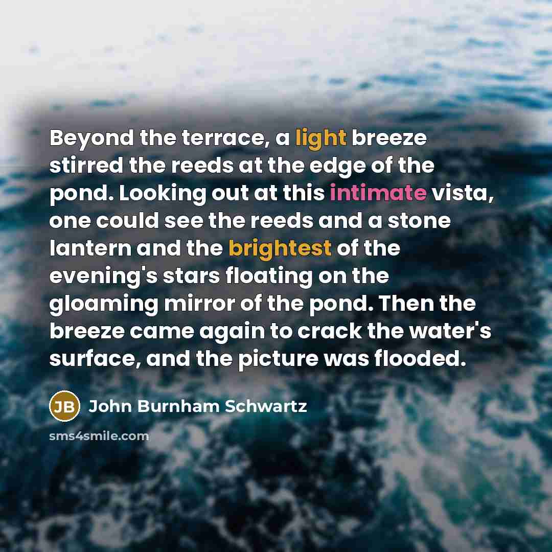 “Beyond the terrace, a light breeze stirred the reeds at the edge of the pond. Looking out at this intimate vista, one could see the reeds and a stone lantern and the brightest of the evening's stars floating on the gloaming mirror of the pond. Then the breeze came again to crack the water's…” quote by John Burnham Schwartz