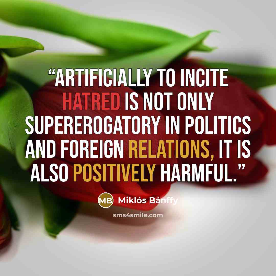 “Artificially to incite hatred is not only supererogatory in politics and foreign relations, it is also positively harmful.” quote by Miklós Bánffy