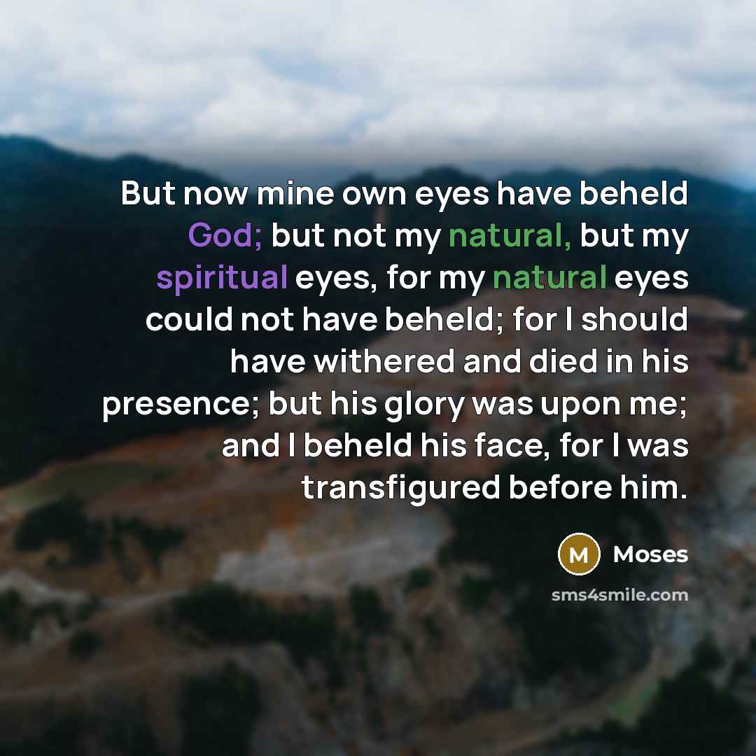 “But now mine own eyes have beheld God; but not my natural, but my spiritual eyes, for my natural eyes could not have beheld; for I should have withered and died in his presence; but his glory was upon me; and I beheld his face, for I was transfigured before him.” quote by Moses