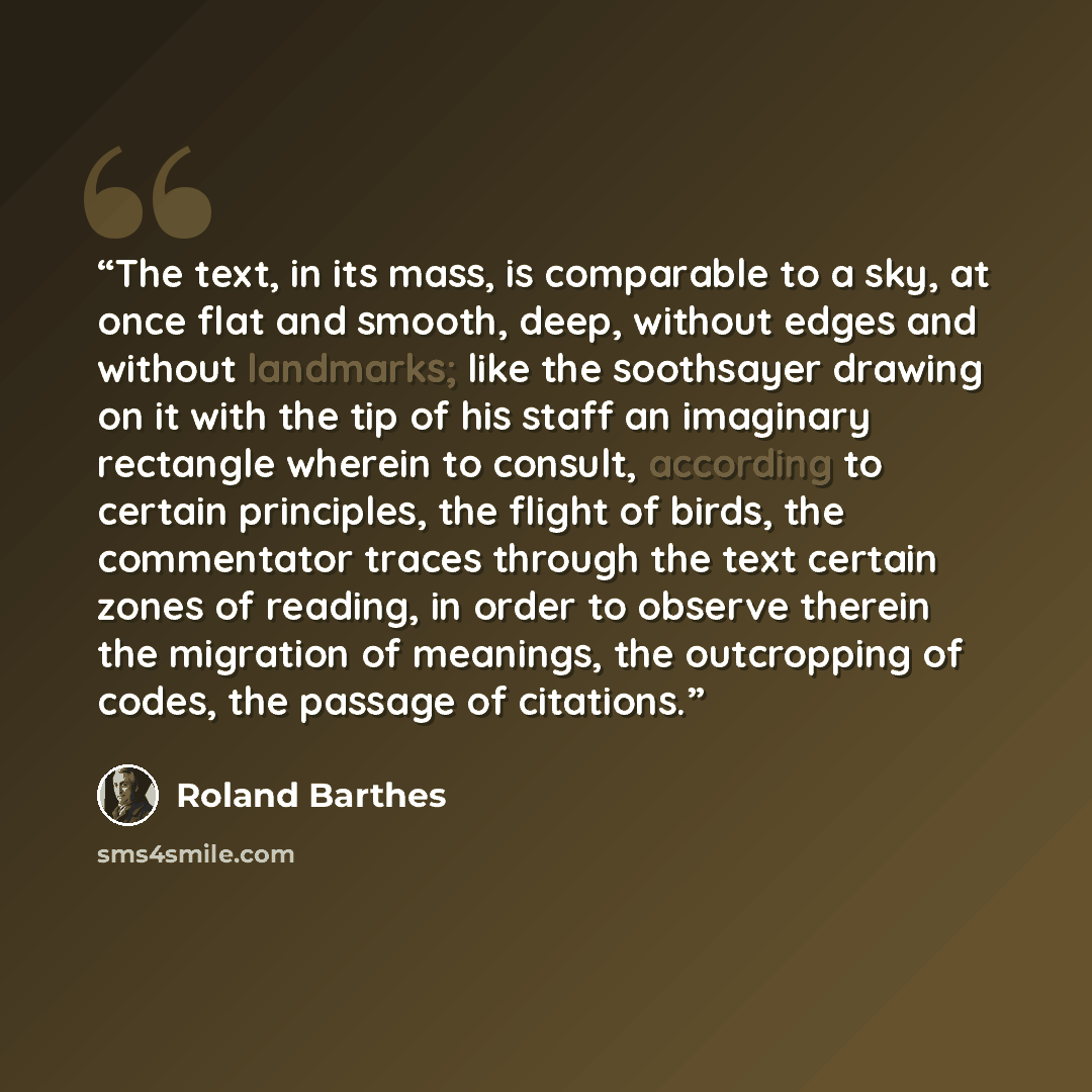 “The text, in its mass, is comparable to a sky, at once flat and smooth, deep, without edges and without landmarks; like the soothsayer drawing on it with the tip of his staff an imaginary rectangle wherein to consult, according to certain principles, the flight of birds, the commentator traces…” quote by Roland Barthes