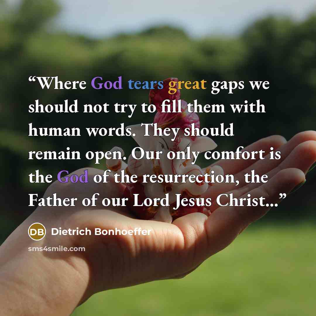 “Where God tears great gaps we should not try to fill them with human words. They should remain open. Our only comfort is the God of the resurrection, the Father of our Lord Jesus Christ...” quote by Dietrich Bonhoeffer
