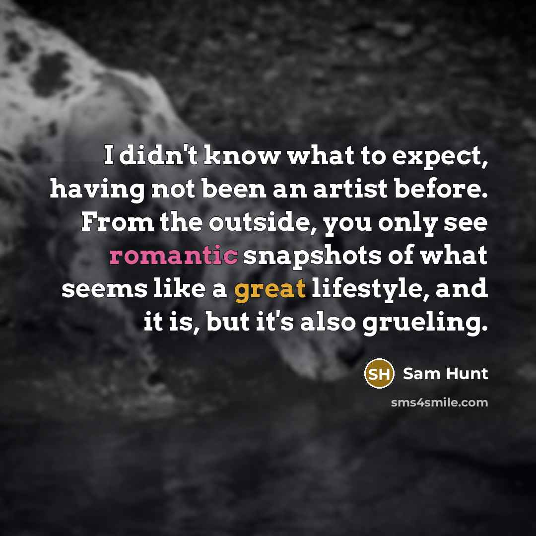 “I didn't know what to expect, having not been an artist before. From the outside, you only see romantic snapshots of what seems like a great lifestyle, and it is, but it's also grueling.” quote by Sam Hunt