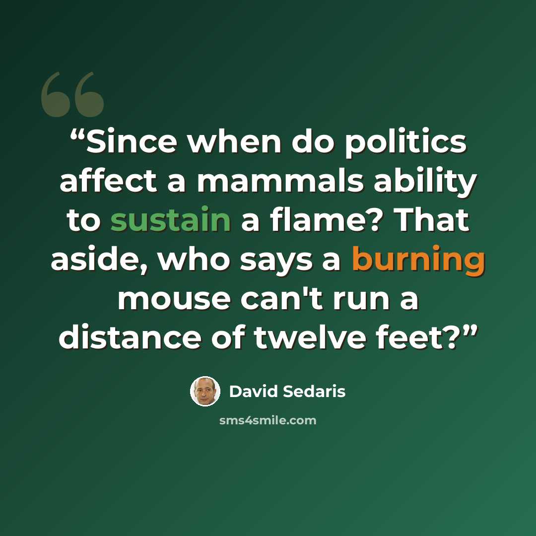 “Since when do politics affect a mammals ability to sustain a flame? That aside, who says a burning mouse can't run a distance of twelve feet?” quote by David Sedaris