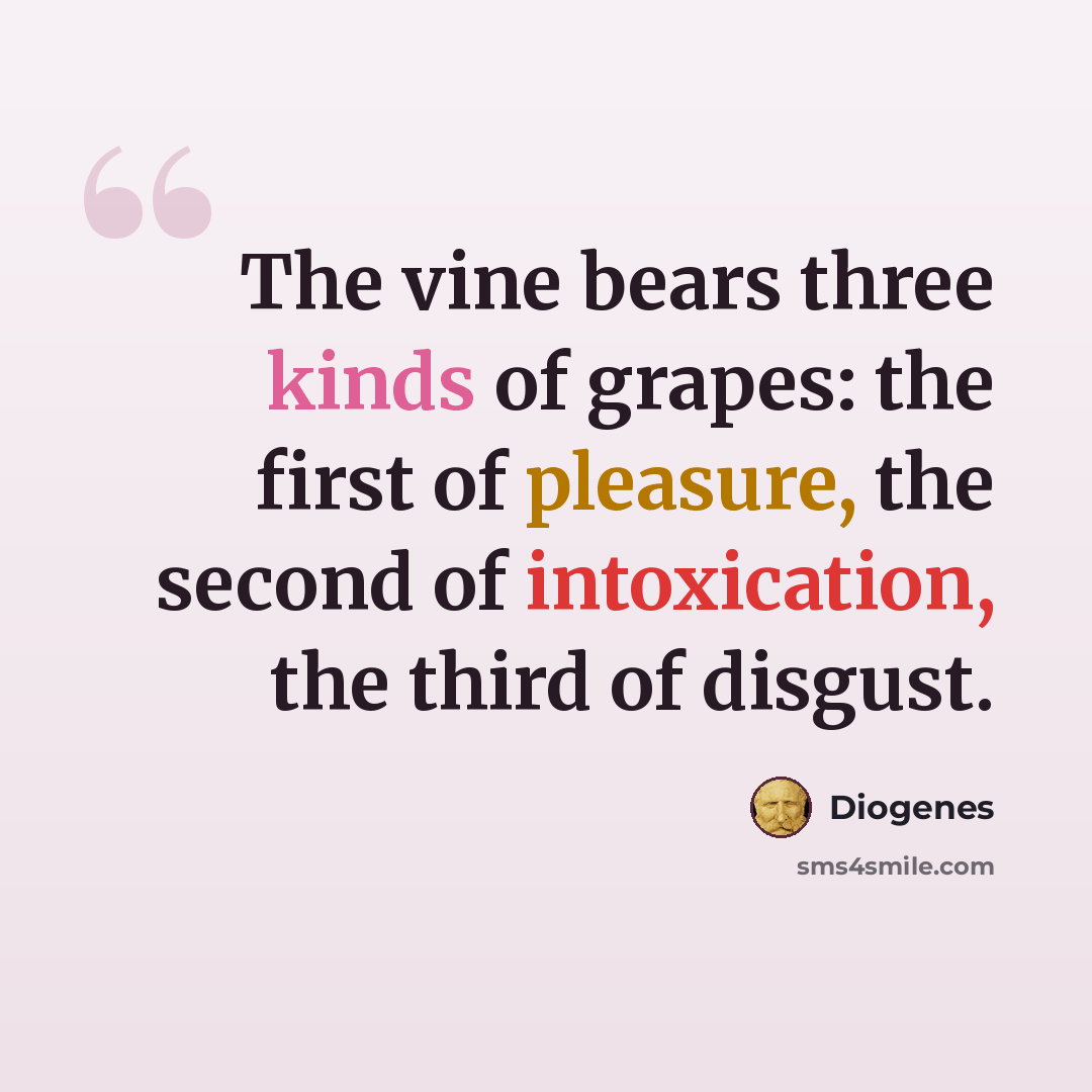 “The vine bears three kinds of grapes: the first of pleasure, the second of intoxication, the third of disgust.” quote by Diogenes