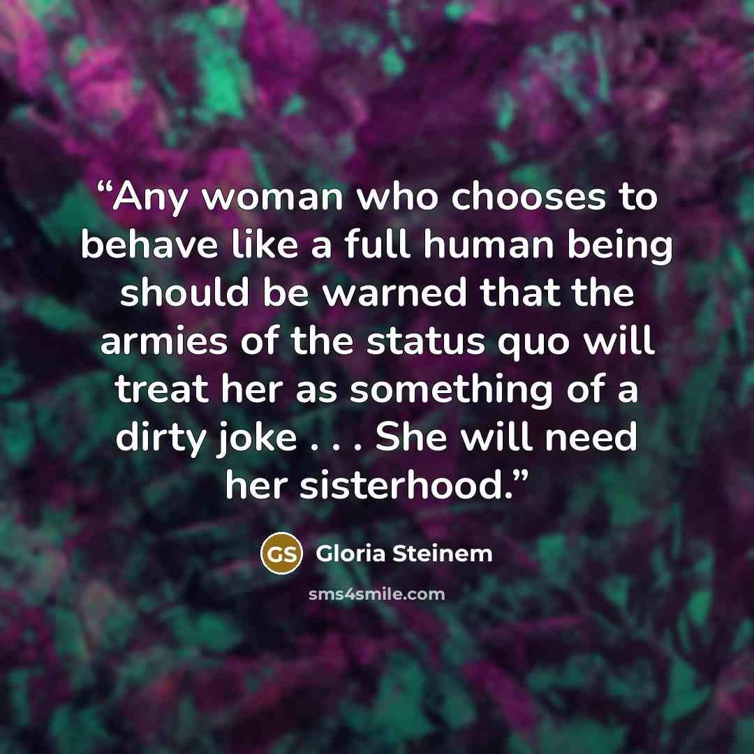 “Any woman who chooses to behave like a full human being should be warned that the armies of the status quo will treat her as something of a dirty joke . . . She will need her sisterhood.” quote by Gloria Steinem