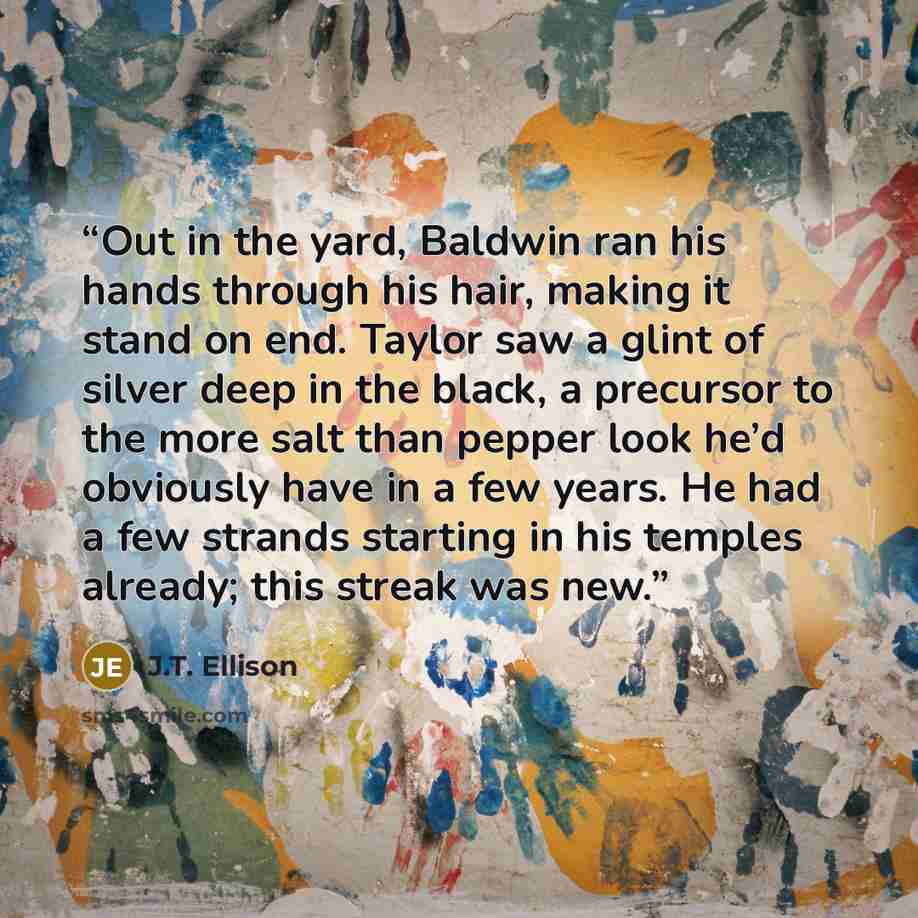“Out in the yard, Baldwin ran his hands through his hair, making it stand on end. Taylor saw a glint of silver deep in the black, a precursor to the more salt than pepper look he’d obviously have in a few years. He had a few strands starting in his temples already; this streak was new.” quote by J.T. Ellison