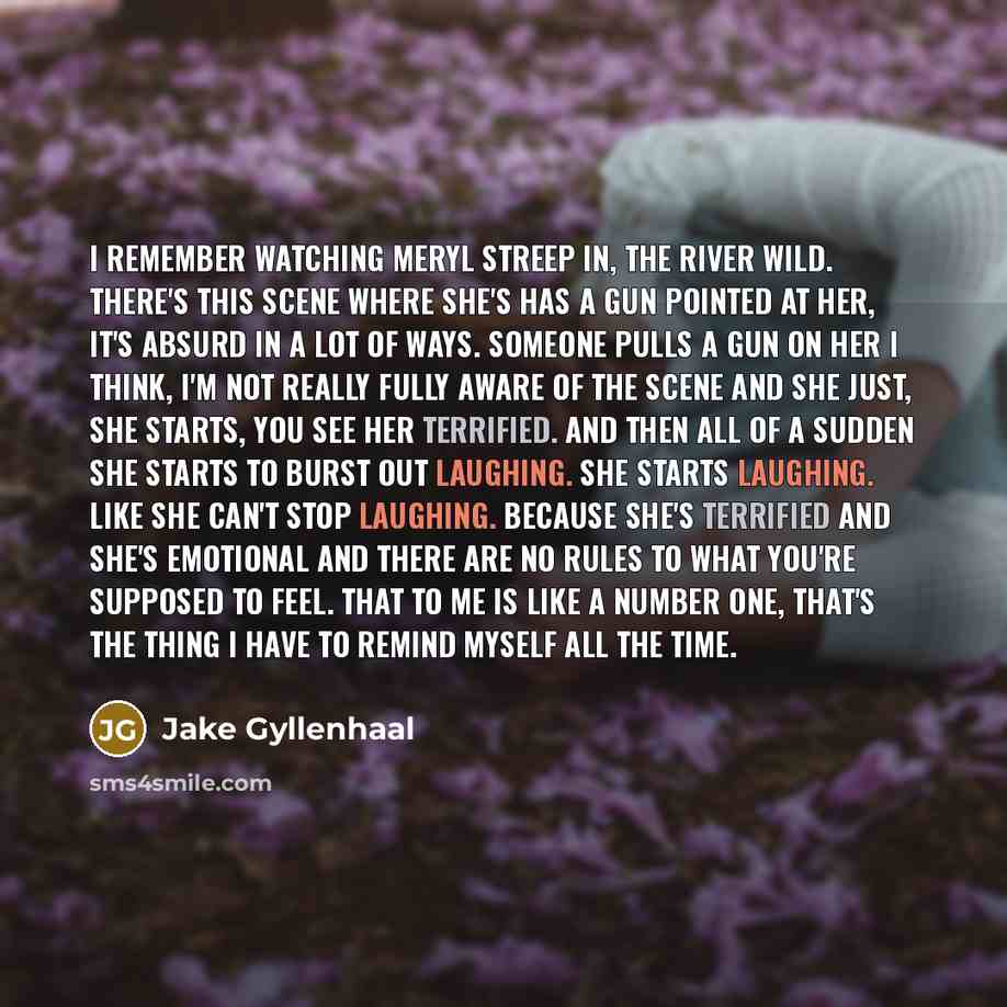“I remember watching Meryl Streep in, The River Wild. There's this scene where she's has a gun pointed at her, it's absurd in a lot of ways. Someone pulls a gun on her I think, I'm not really fully aware of the scene and she just, she starts, you see her terrified. And then all of a sudden she…” quote by Jake Gyllenhaal