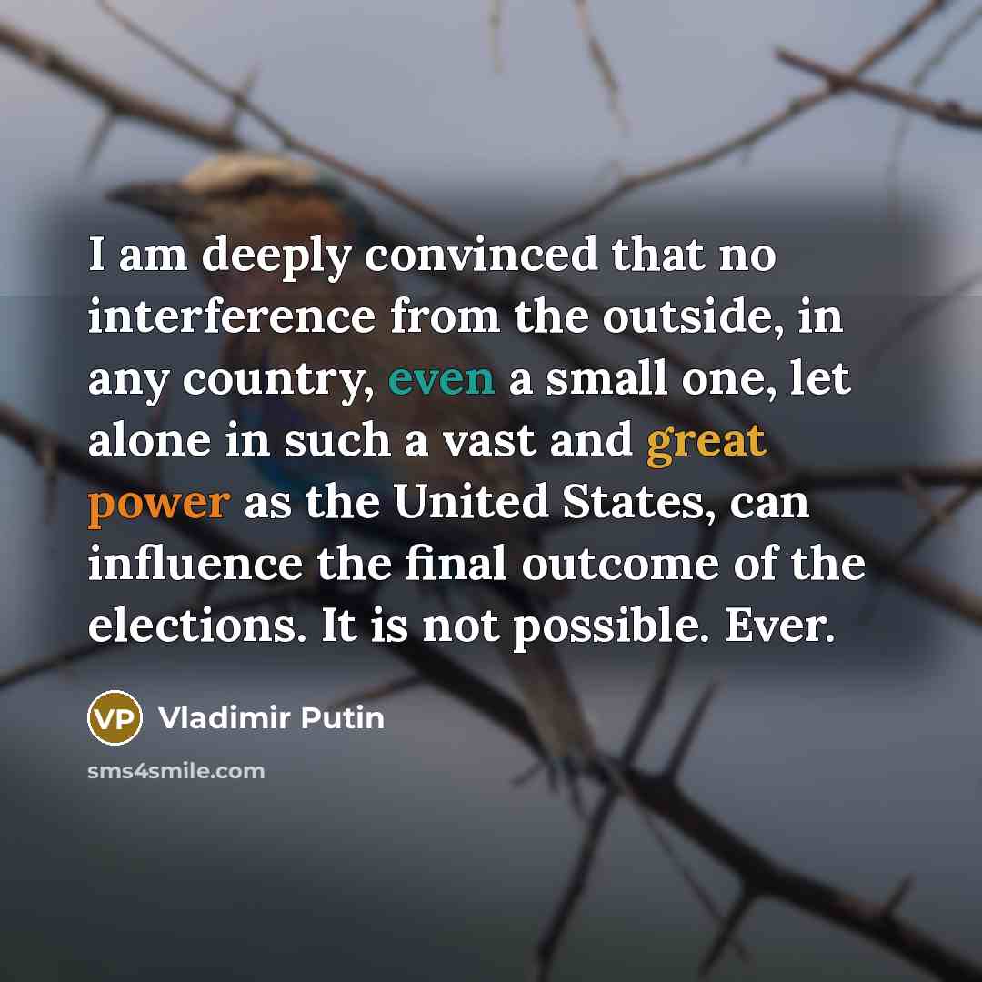 “I am deeply convinced that no interference from the outside, in any country, even a small one, let alone in such a vast and great power as the United States, can influence the final outcome of the elections. It is not possible. Ever.” quote by Vladimir Putin