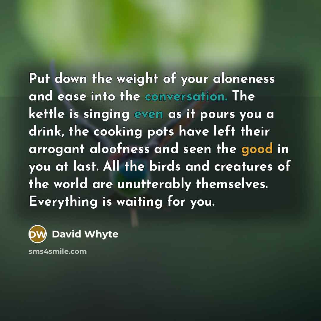 “Put down the weight of your aloneness and ease into the conversation. The kettle is singing even as it pours you a drink, the cooking pots have left their arrogant aloofness and seen the good in you at last. All the birds and creatures of the world are unutterably themselves. Everything is waiting…” quote by David Whyte