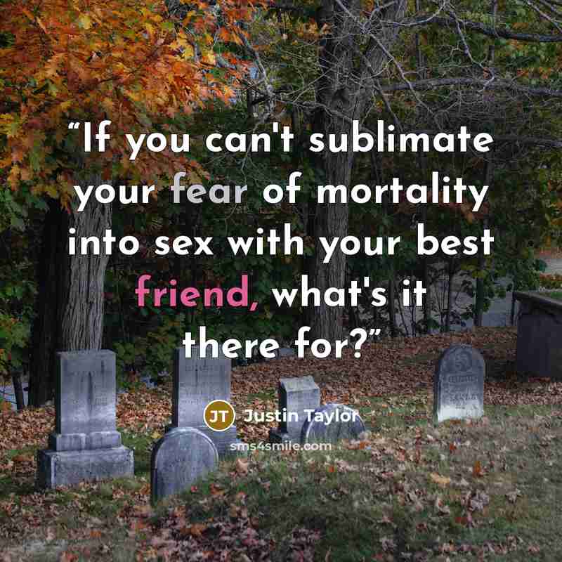 “If you can't sublimate your fear of mortality into sex with your best friend, what's it there for?” quote by Justin Taylor