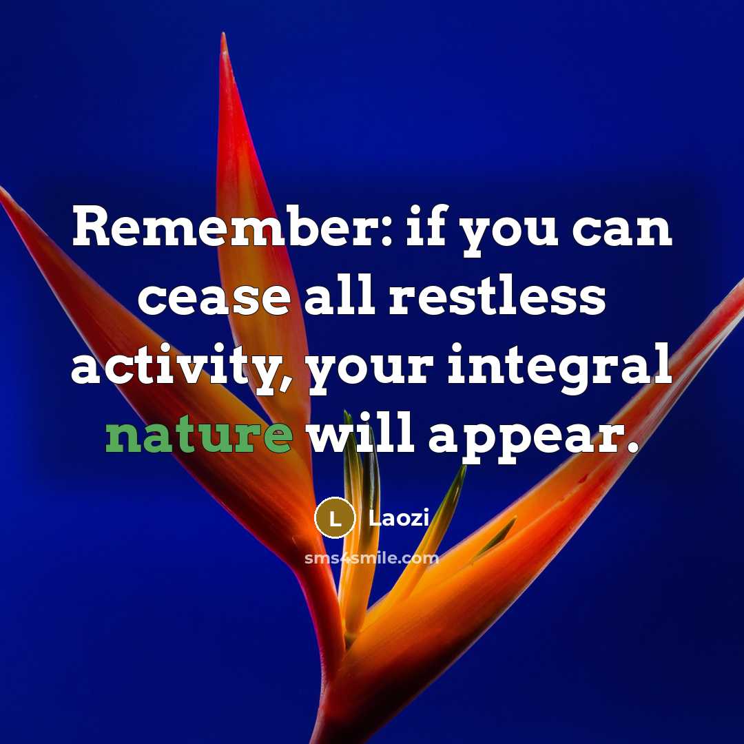 “Remember: if you can cease all restless activity, your integral nature will appear.” quote by Laozi