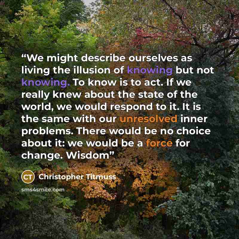 “We might describe ourselves as living the illusion of knowing but not knowing. To know is to act. If we really knew about the state of the world, we would respond to it. It is the same with our unresolved inner problems. There would be no choice about it: we would be a force for change. Wisdom” quote by Christopher Titmuss