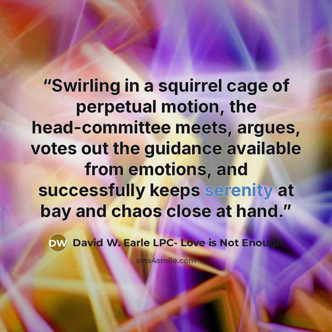 “Swirling in a squirrel cage of perpetual motion, the head-committee meets, argues, votes out the guidance available from emotions, and successfully keeps serenity at bay and chaos close at hand.” quote by David W. Earle LPC- Love is Not Enough