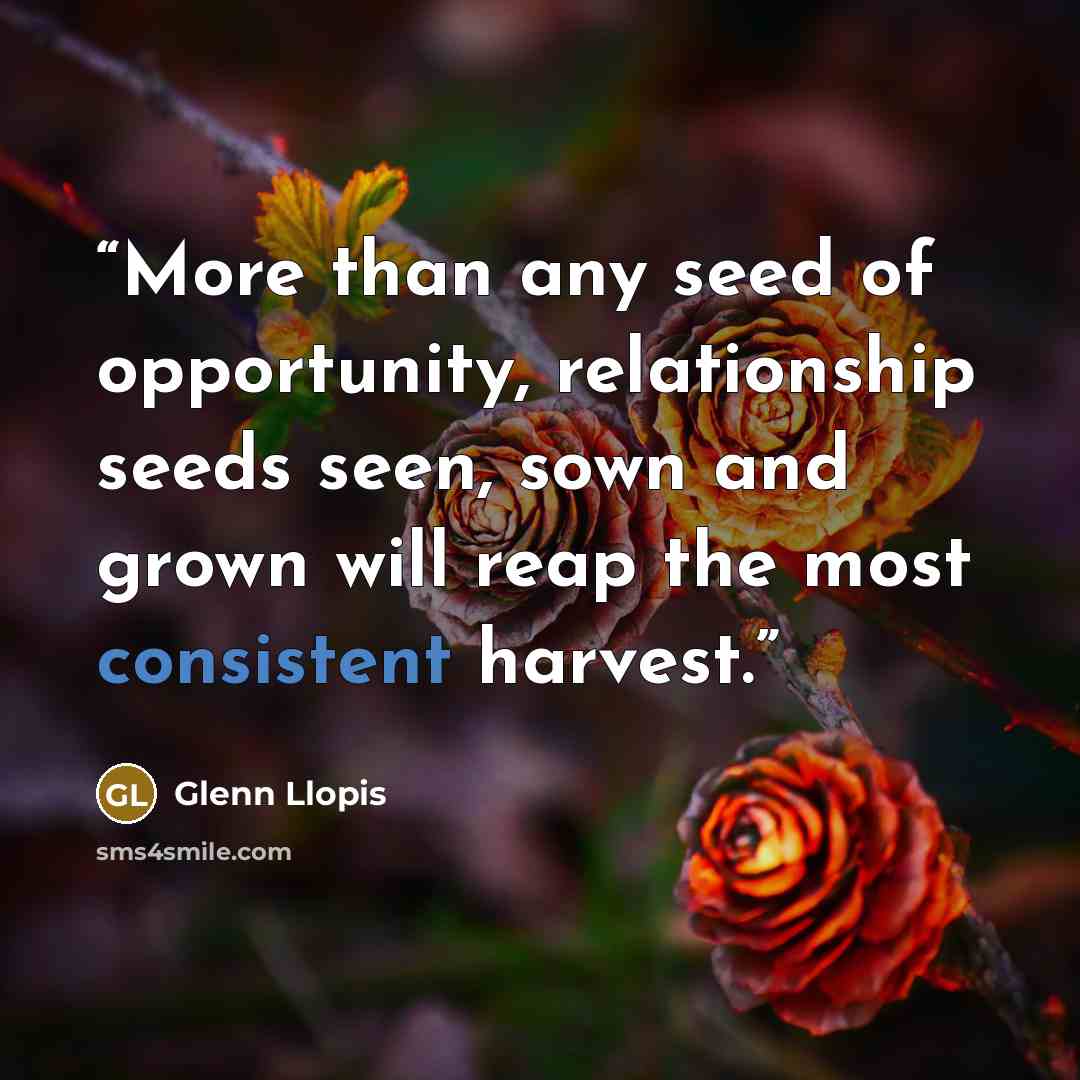 “More than any seed of opportunity, relationship seeds seen, sown and grown will reap the most consistent harvest.” quote by Glenn Llopis
