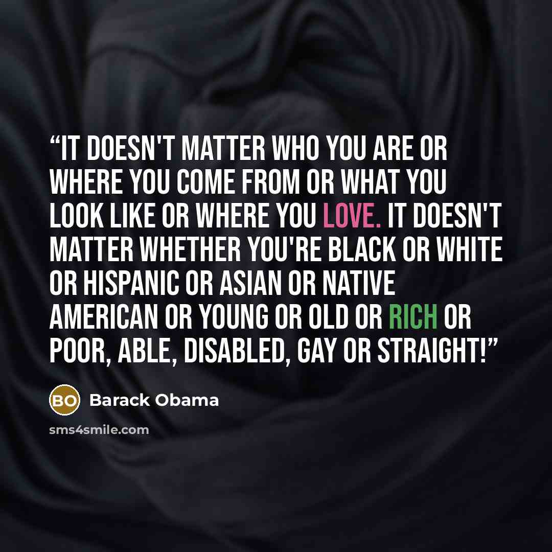 “it doesn't matter who you are or where you come from or what you look like or where you love. It doesn't matter whether you're black or white or Hispanic or Asian or Native American or young or old or rich or poor, able, disabled, gay or straight!” quote by Barack Obama