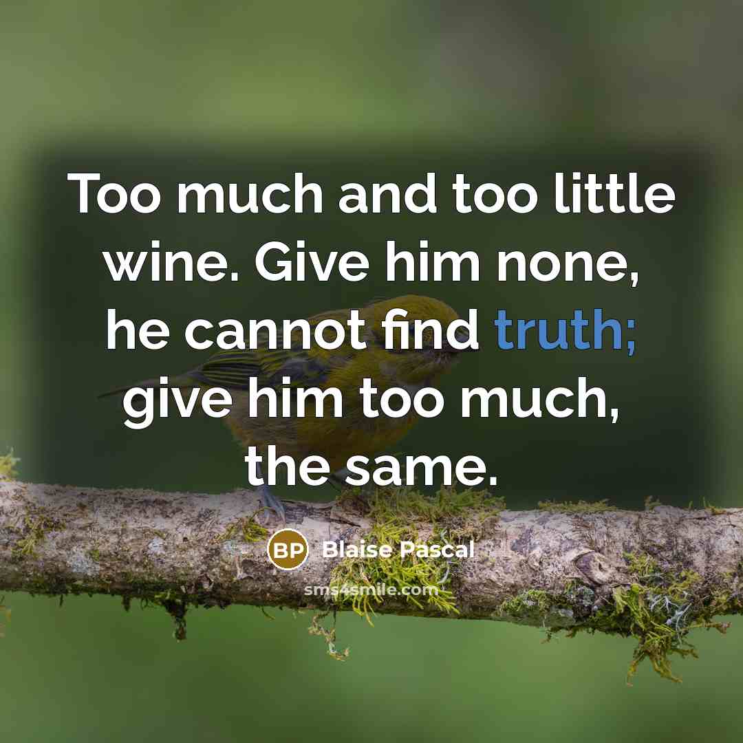 “Too much and too little wine. Give him none, he cannot find truth; give him too much, the same.” quote by Blaise Pascal