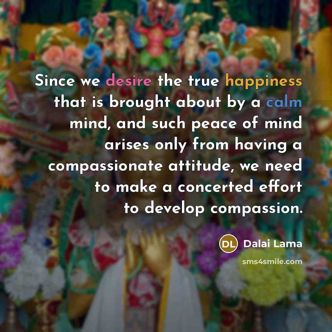 “Since we desire the true happiness that is brought about by a calm mind, and such peace of mind arises only from having a compassionate attitude, we need to make a concerted effort to develop compassion.” quote by Dalai Lama