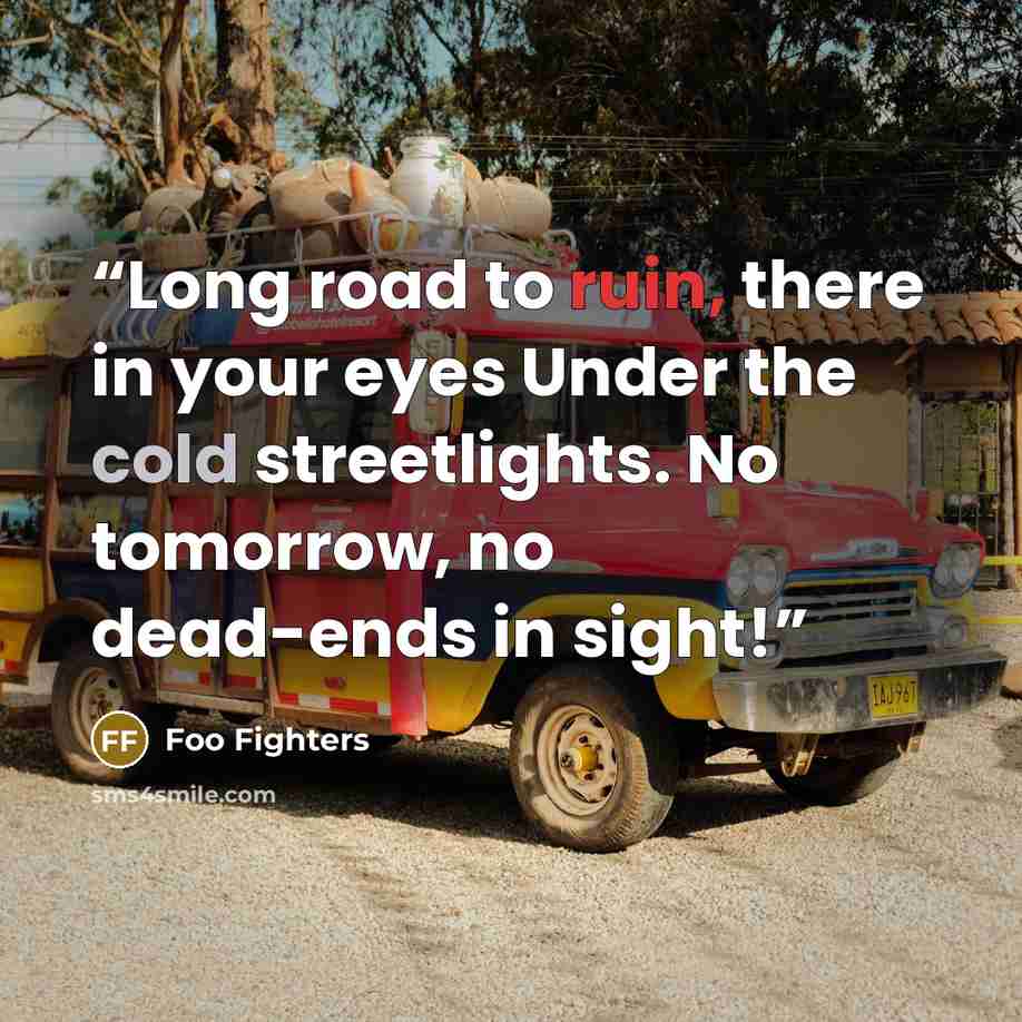 “Long road to ruin, there in your eyes Under the cold streetlights. No tomorrow, no dead-ends in sight!” quote by Foo Fighters