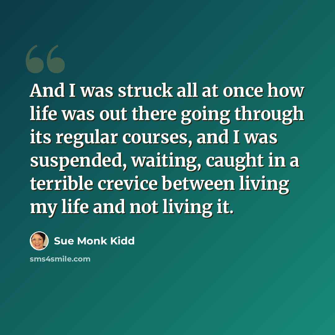 “And I was struck all at once how life was out there going through its regular courses, and I was suspended, waiting, caught in a terrible crevice between living my life and not living it.” quote by Sue Monk Kidd