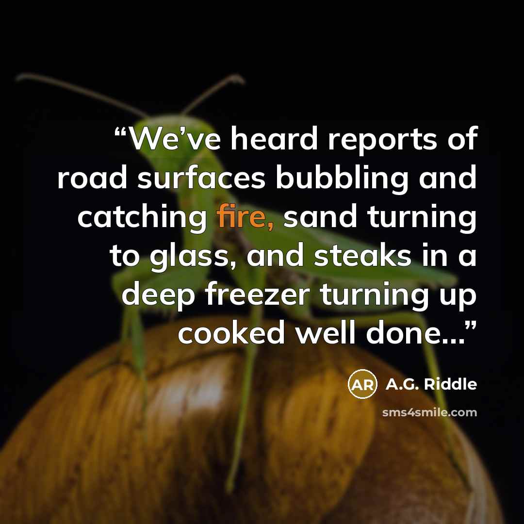 “We’ve heard reports of road surfaces bubbling and catching fire, sand turning to glass, and steaks in a deep freezer turning up cooked well done…” quote by A.G. Riddle