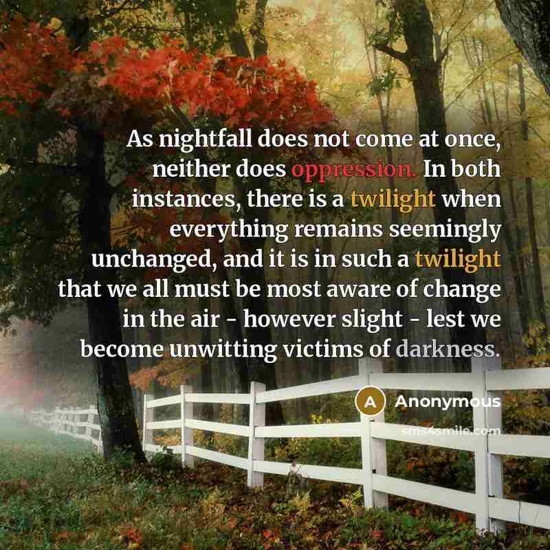“As nightfall does not come at once, neither does oppression. In both instances, there is a twilight when everything remains seemingly unchanged, and it is in such a twilight that we all must be most aware of change in the air - however slight - lest we become unwitting victims of darkness.” quote by Anonymous