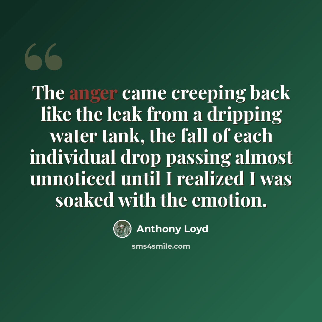 “The anger came creeping back like the leak from a dripping water tank, the fall of each individual drop passing almost unnoticed until I realized I was soaked with the emotion.” quote by Anthony Loyd