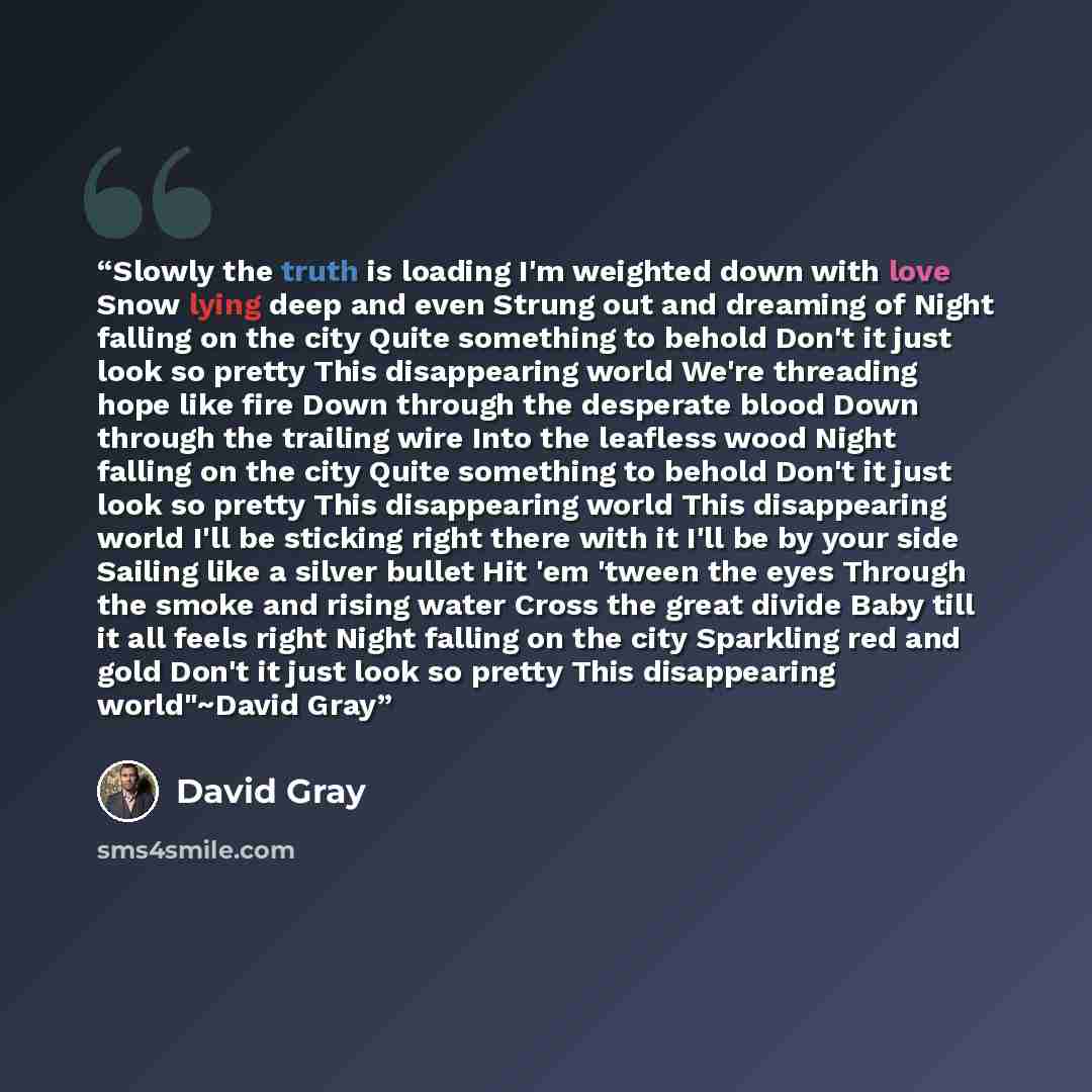 “Slowly the truth is loading I'm weighted down with love Snow lying deep and even Strung out and dreaming of Night falling on the city Quite something to behold Don't it just look so pretty This disappearing world We're threading hope like fire Down through the desperate blood Down through the…” quote by David Gray