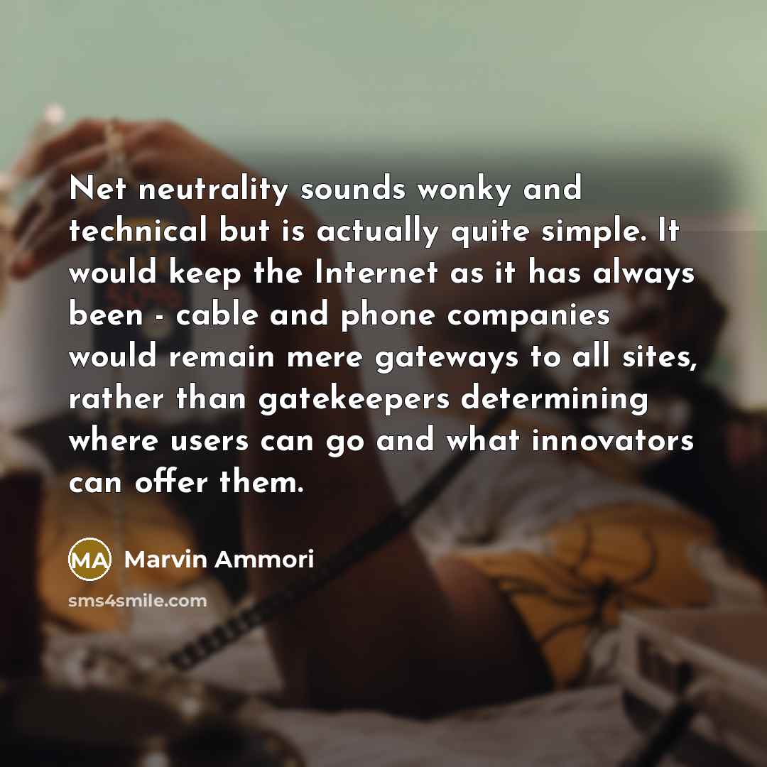 “Net neutrality sounds wonky and technical but is actually quite simple. It would keep the Internet as it has always been - cable and phone companies would remain mere gateways to all sites, rather than gatekeepers determining where users can go and what innovators can offer them.” quote by Marvin Ammori