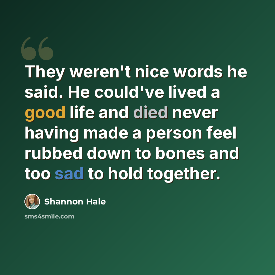 “They weren't nice words he said. He could've lived a good life and died never having made a person feel rubbed down to bones and too sad to hold together.” quote by Shannon Hale