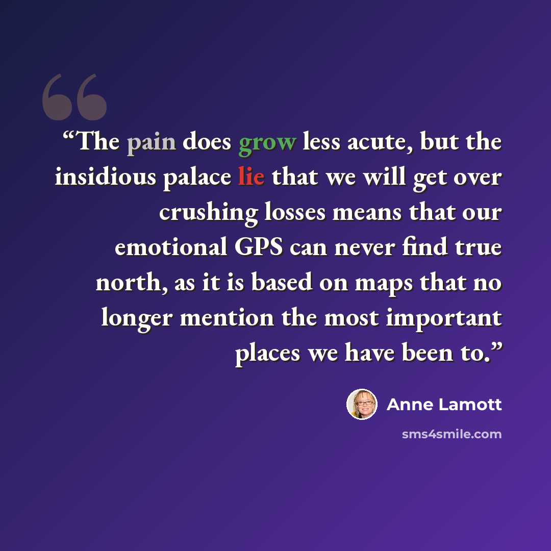 “The pain does grow less acute, but the insidious palace lie that we will get over crushing losses means that our emotional GPS can never find true north, as it is based on maps that no longer mention the most important places we have been to.” quote by Anne Lamott