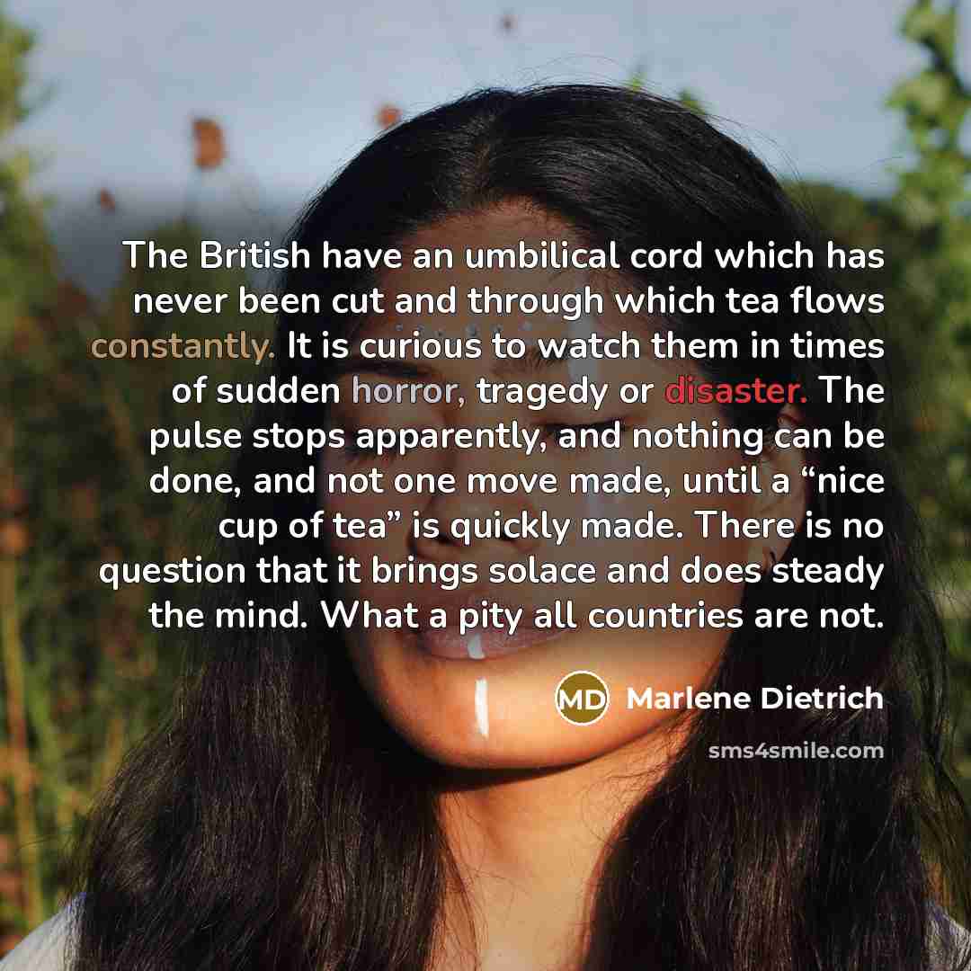 “The British have an umbilical cord which has never been cut and through which tea flows constantly. It is curious to watch them in times of sudden horror, tragedy or disaster. The pulse stops apparently, and nothing can be done, and not one move made, until a “nice cup of tea” is quickly made…” quote by Marlene Dietrich