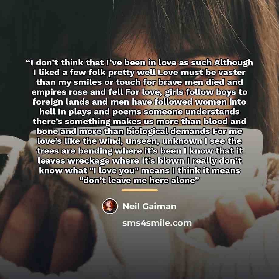 “I don’t think that I’ve been in love as such Although I liked a few folk pretty well Love must be vaster than my smiles or touch for brave men died and empires rose and fell For love, girls follow boys to foreign lands and men have followed women into hell In plays and poems someone understands…” quote by Neil Gaiman