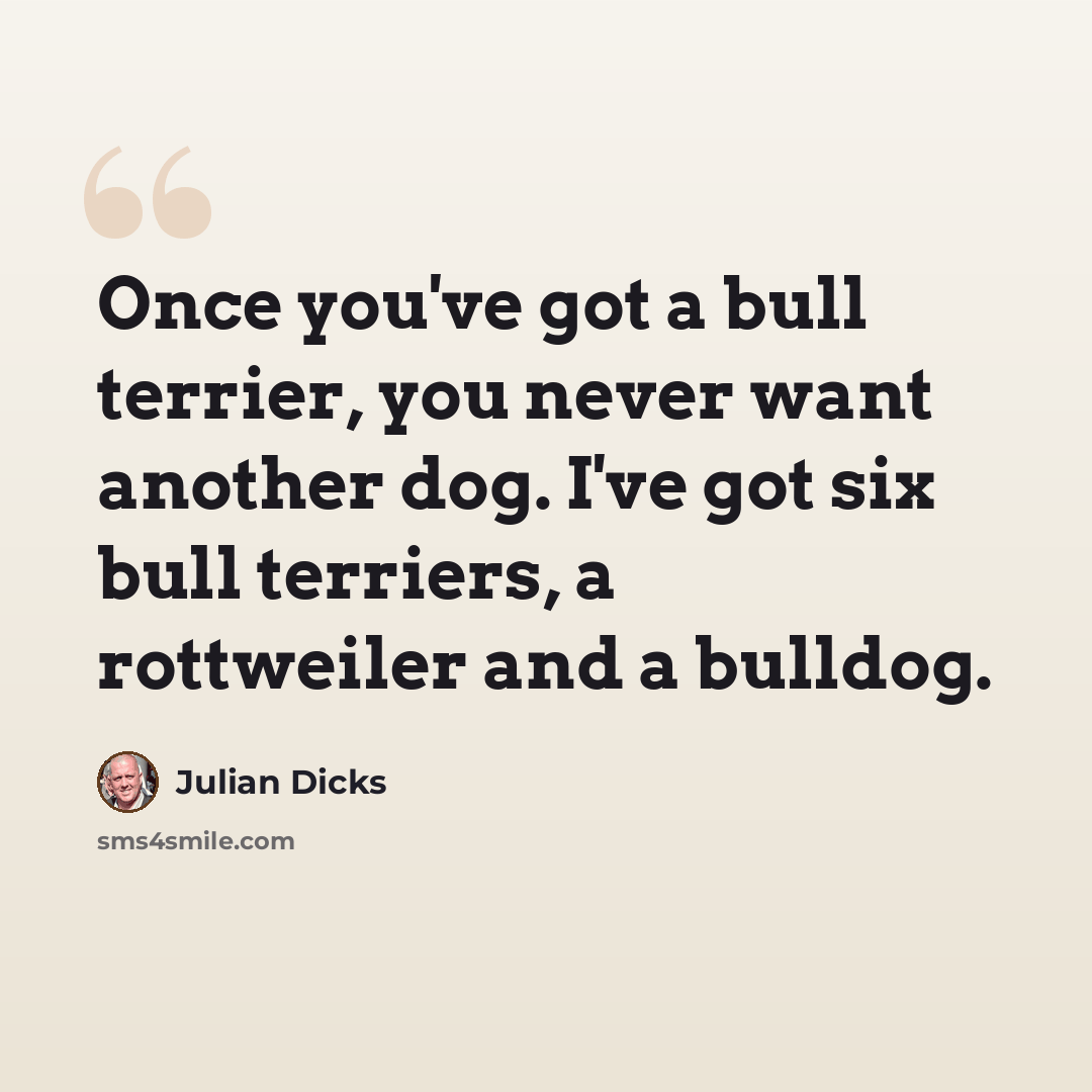 “Once you've got a bull terrier, you never want another dog. I've got six bull terriers, a rottweiler and a bulldog.” quote by Julian Dicks